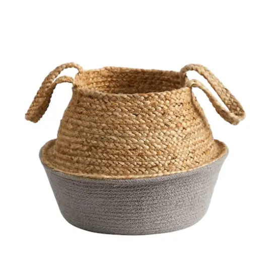 12" Boho Chic Handmade Cotton & Jute Gray Woven Basket Planter {1}