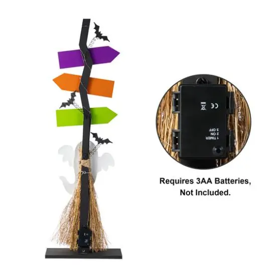 Glitzhome&reg; 41.75"H Lighted Halloween Wooden Ghost's Broom Porch Decor {8}