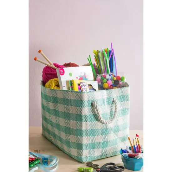 DII&reg; Large Aqua Checked Rectangle Woven Paper Basket {4}