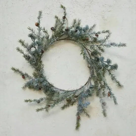 Hello Honey&reg; 23.5" Green Round Faux Spruce Wreath with Natural Pinecones & Frost Finish {3}