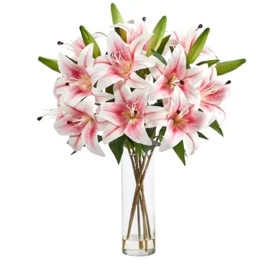 25" Artificial Pink Lily Arrangement with Cylinder Glass Vase {1}