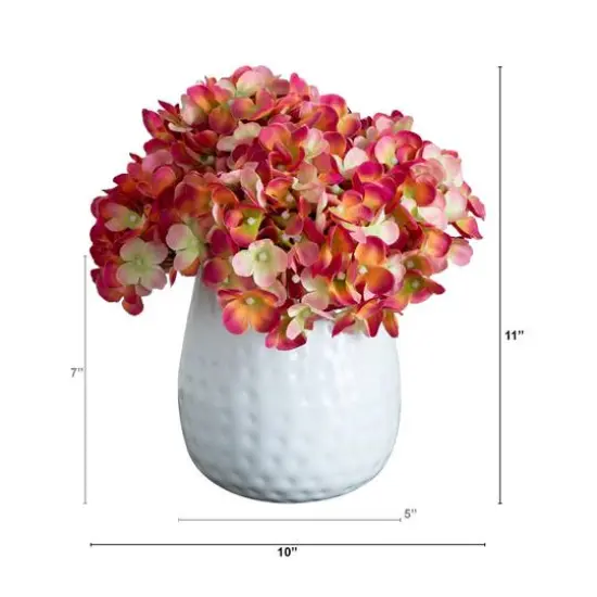 11" Pink Hydrangea Arrangement in White Metal Vase {6}