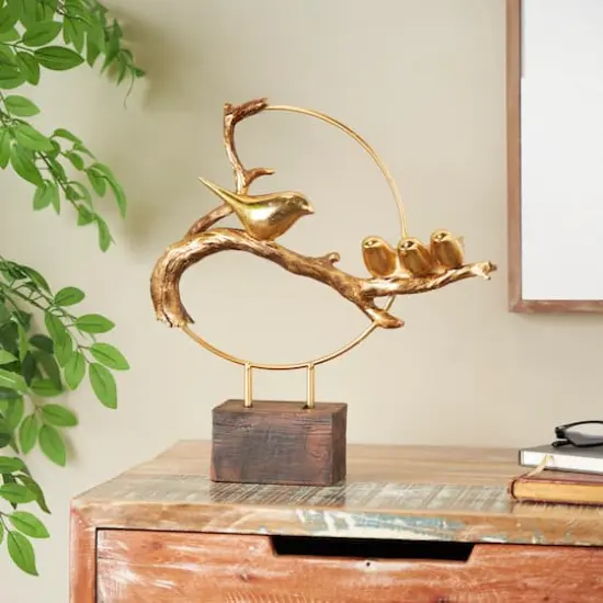16" Gold Polystone Bird Family On A Branch Sculpture with Brown Block Base {3}