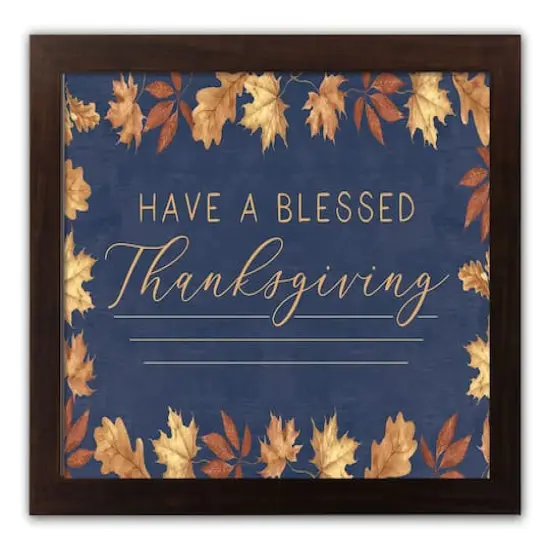 Blessed Thanksgiving Blue & Gold Walnut Framed Print Under Plexiglass {1}