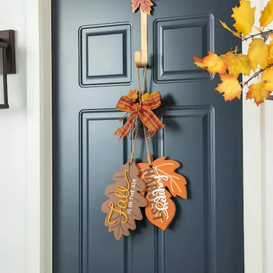 Glitzhome&reg; 24.5" Fall Wood Maple Leaves with Bowknot Door Hanger {4}