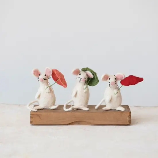 Hello Honey&reg; Handmade Wool Felt Mouse Ornaments with Umbrellas Set {3}