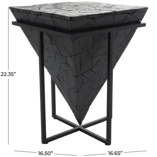 22" Black Teak Wood Geometric Handmade Inverted Pyramid Accent Table with Black Metal Base {10}