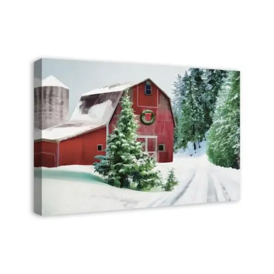 Painted, Snowy Red Barn 30x20 Canvas Wall Art {3}