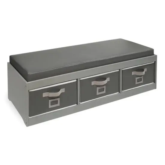 Badger Basket Kid's Cushioned Storage Bench With Three Bins Gray {2}