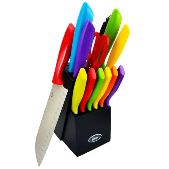 Oster 14 Piece Stainless Steel Assorted Color Cutlery Knife Set with Wood Storage Block {3}