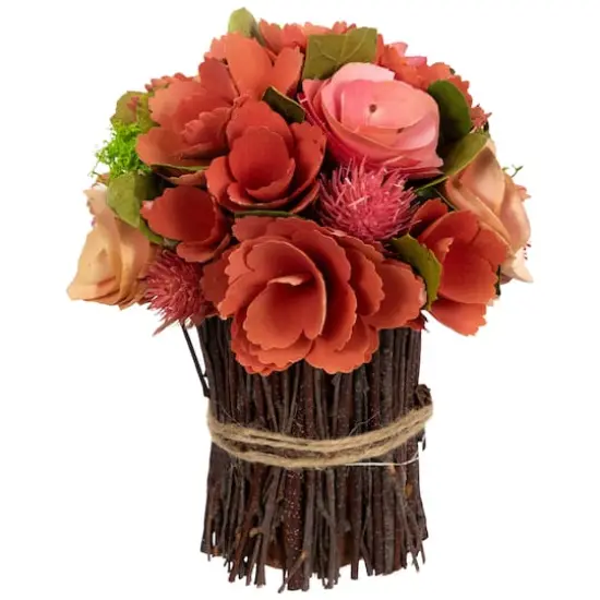 9" Red & Pink Artificial Mixed Floral Wooden Spring Bouquet {6}