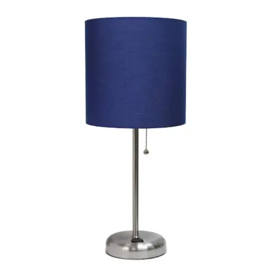 LimeLights 19.5" Stick Lamp with Charging Outlet and Fabric Shade Brushed Steel and Navy {1}