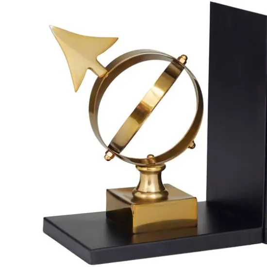 8" Gold Stainless Steel Armillary Bookends with Black Bases Set {4}
