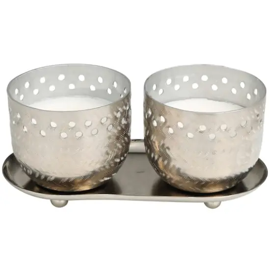 7oz. White Sage Scented Candles in Cut Out Silver Bowls and Tray {1}