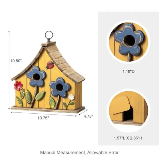 Glitzhome&reg; 10.5" Yellow Distressed Wood Birdhouse with Flowers {4}