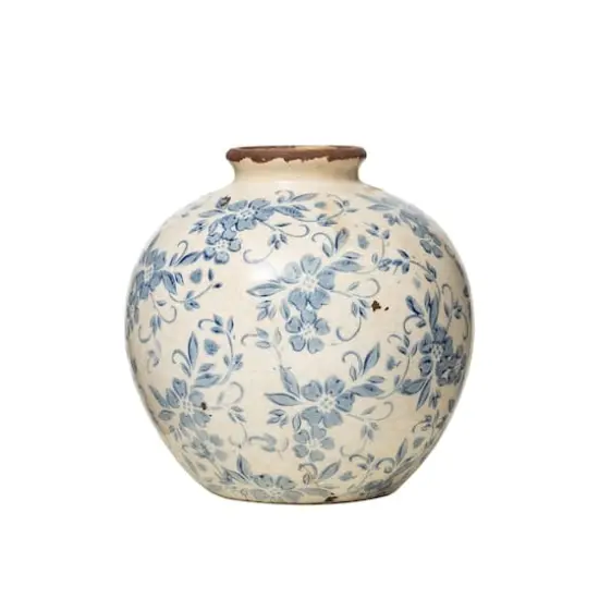 Hello Honey&reg; 8" Blue & White Crackle Floral Terra Cotta Vase {3}