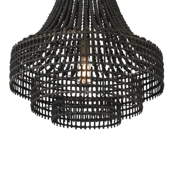 Hello Honey® 23.4" Black Metal, Rattan & Wood Bead Chandelier {7}