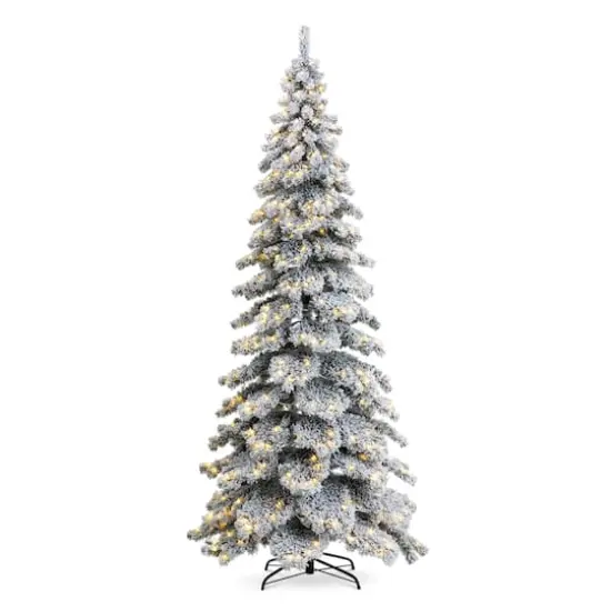 9ft. Pre-Lit Flocked Layered Spruce Artificial Christmas Tree, Warm White LED Lights {1}
