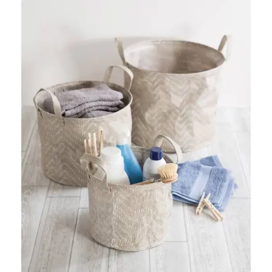 DII&reg; Medium Round Stone & Cream Tribal Chevron PE-Coated Woven Paper Laundry Bin, 2ct.  {4}