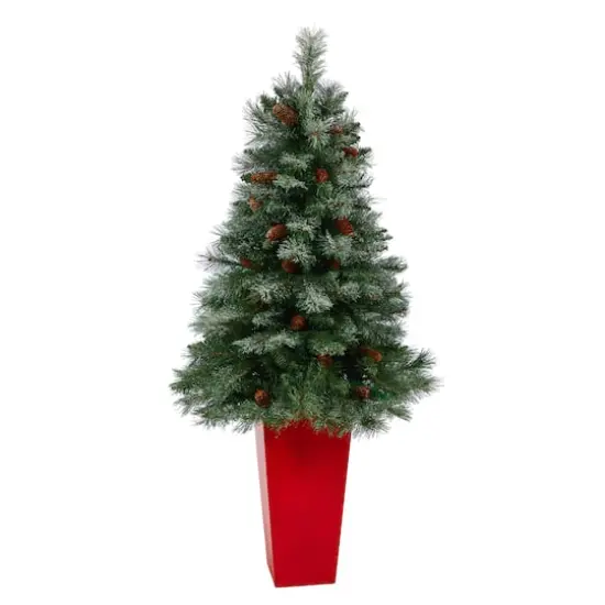 55" Unlit Snowed French Alps Mountain Pine Artificial Christmas Tree In Red Tower Planter {1}