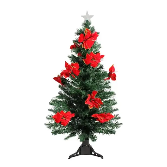 4ft. Fiber Optic Color Changing Artificial Christmas Tree with Red Poinsettias & Star {1}