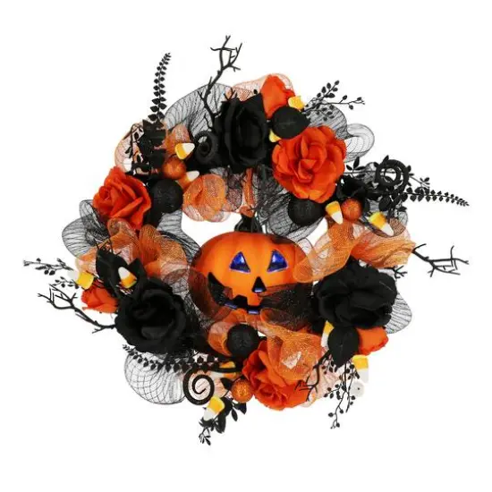 24" Orange & Black Jack-o'-Lantern & Roses Wreath by Ashland® {3}