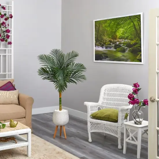 5ft. Golden Cane Artificial Palm Tree in White Planter with Stand {5}