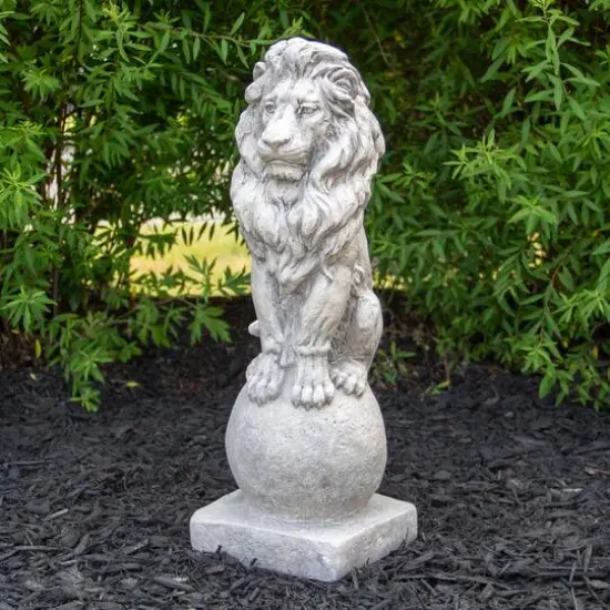 18" Lion Sitting on Ball Pedestal Outdoor Garden Statue {3}