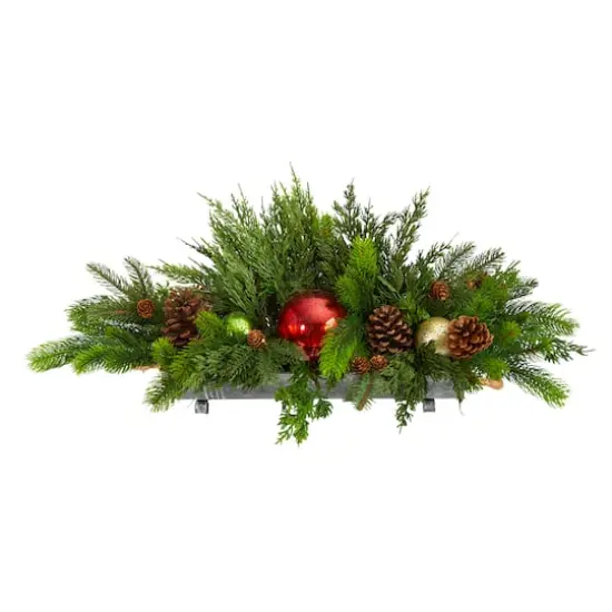 24" Cedar Pine, Pinecones & Ornaments Artificial Christmas Arrangement in Tin Vase {1}