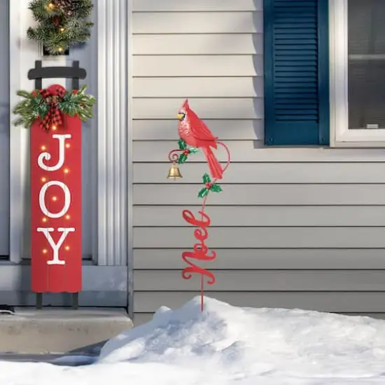 Glitzhome&reg; 3ft. Metal Cardinal Joy & Noel with Bell Yard Stake Set {5}