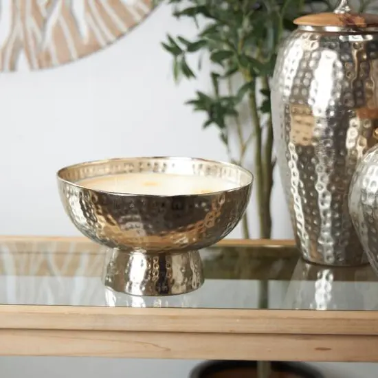 White Wax Jasmine Scented Candle with Elevated Wide Hammered Silver Container {7}