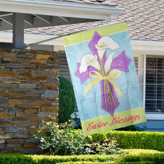 Multicolor Easter Blessings Cross & Lilies House Flag {3}