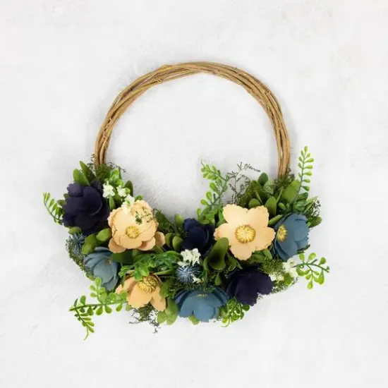 12" Blue & Tan Poppy Floral Wooden Spring Basket Wreath {6}