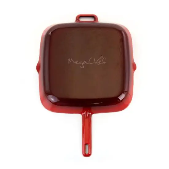 MegaChef 11" Square Red Enamel Cast Iron Grill Pan with Matching Grill Press {7}