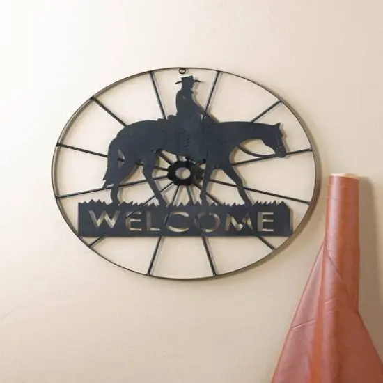 Black Metal Cowboy Welcome Wheel Sign {3}