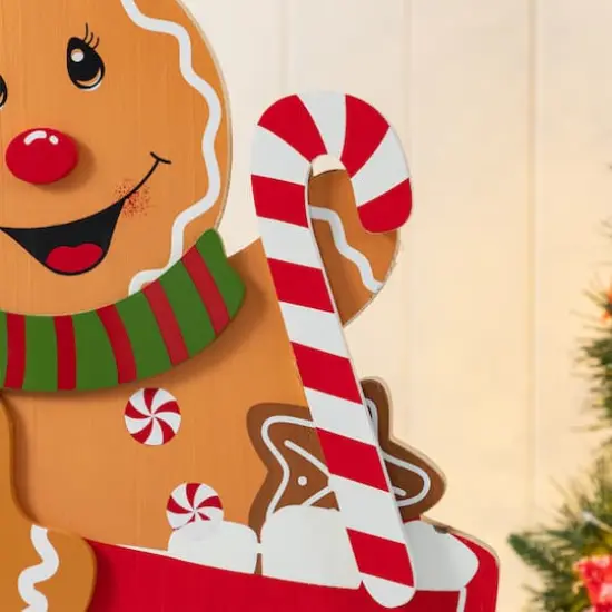Glitzhome&reg; 34.5" Wooden Christmas Gingerbread Man on Coffee Cup Porch Decor {6}