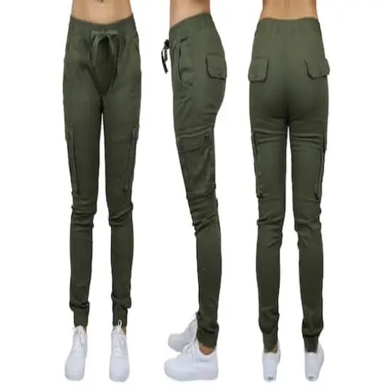 Galaxy By Harvic Loose Fit Cotton Stretch Twill Women's Cargo Joggers Olive {1}