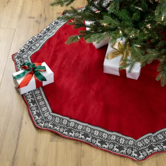 50" Red Heptagon with Gray & White Snowflakes & Reindeer Knit Border Christmas Tree Skirt {3}
