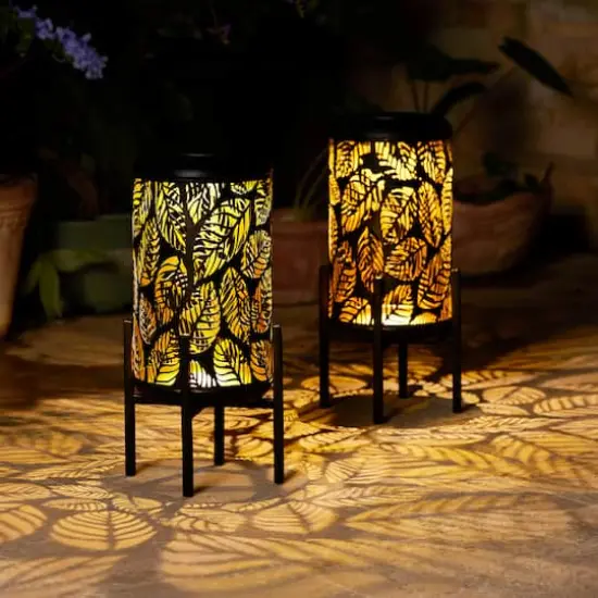Glitzhome&reg; 14.25" Black Metal Cutout Leaves Pattern Solar Powered LED Outdoor Lantern, 2ct. {4}