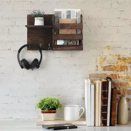 NEX&trade; Rustic Brown Vintage Wood Mail Shelf with 3 Key Hooks {6}