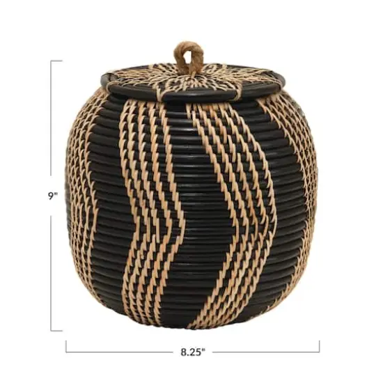 Hello Honey&reg; 9" Black & Natural Handwoven Rattan Basket with Lid {5}
