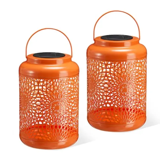 Glitzhome&reg; 8.75" Metal Cutout Solar Powered Hanging Lantern Set Orange {1}