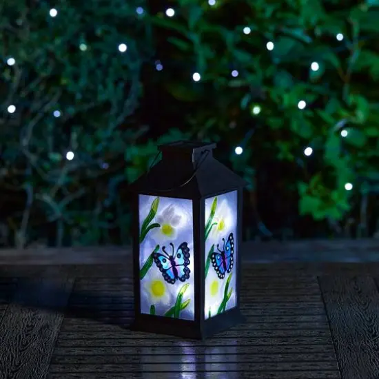 Glitzhome&reg; 11" Glass with Butterfly & Flower Pattern Solar Powered Hanging Lantern {3}