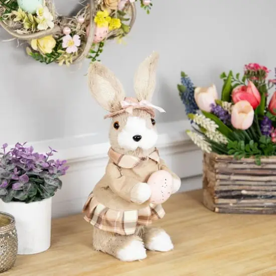 12" Beige Girl Easter Rabbit Figurine with Plaid Dress {3}