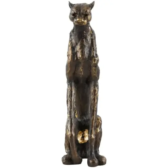19" Bronze Polystone Distressed Textured Sitting Leopard Sculpture with Cutouts & Gold Accents {5}