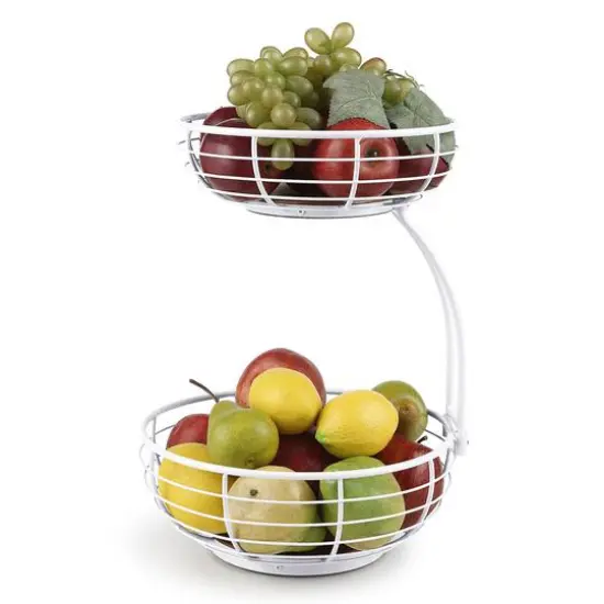 SunnyPoint Classic 2-Tier Wire Basket Bowl Stand with Wooden Base White {1}