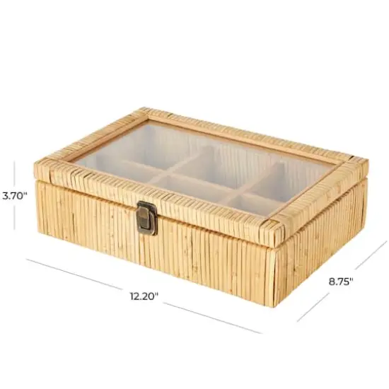 12" x 9" x 4" Brown Hand-Wrapped Rattan 6-Slot Jewelry Box with Tempered Glass Top {5}
