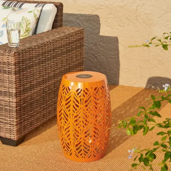 Glitzhome&reg; 18.25" Multifunctional Solar Powdered Iron Leaf Cutout Garden Stool Orange {3}