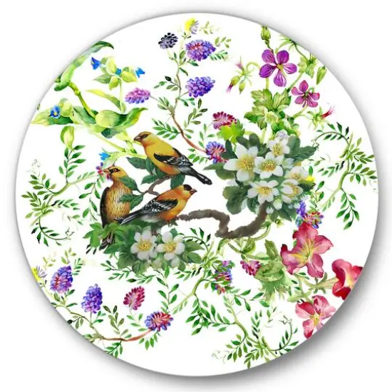 Designart - Tropical Birds With On Blooming Tree - Traditional Metal Circle Wall Art {1}