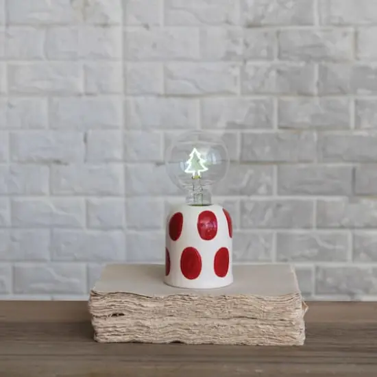 Hello Honey&reg; 7.25" White & Red Dots Stoneware Lamp with Tree Shaped LED Filament Lightbulb {3}